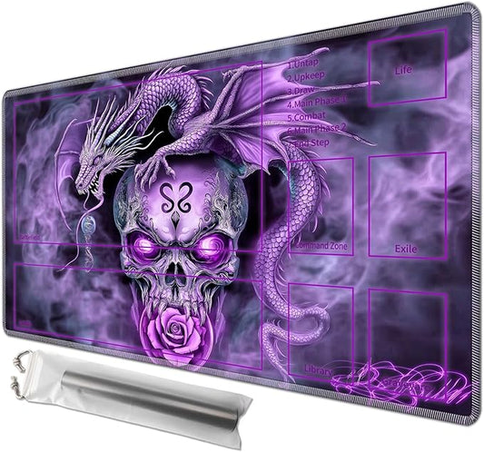 Playmat 24" x 14" with Magic Zones for MTG Card Game Playing, Board Game Mat for Card Breaking Commander Deck Gaming Card Game Battles Mat with Storage Bags, Purple Dragon Skull Rose