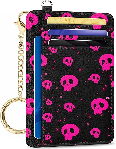 METALPHA Credit Card Holder Slim Wallet, Small Wallets Woman RFID Wallet Women, Front Pocket Cute Funny Mini Thin ID Card holders (pink skull)