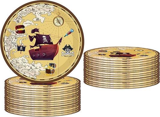 50Pcs Pirate Party Supplies - 7" Nautical Paper Plates, Skull Treasure Map Design, for Pirate Treasure Theme Birthday Party Decoration