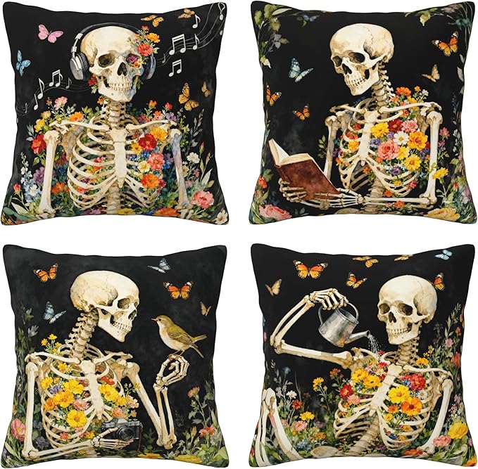 Skull Throw Pillow Covers 18 X 18 Inch Set of 4 Decorative Cushion Cover Home Decor for Sofa Chair Couch Bedroom Living Room