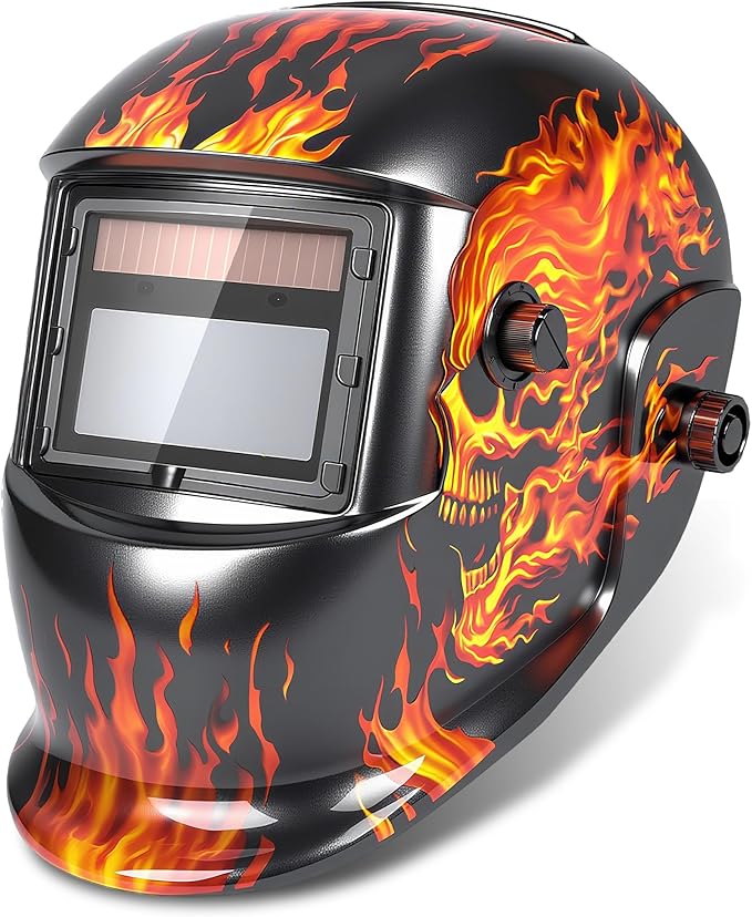 Welding Helmet Auto Darkening Flaming Skull Design Welding Mask 3.66"X1.69" View Area Welding Hood with 2 Sensors Solar Powered Weld Hood Helmet with Adjustable Shade Range 4&9-13 (Model AST01)