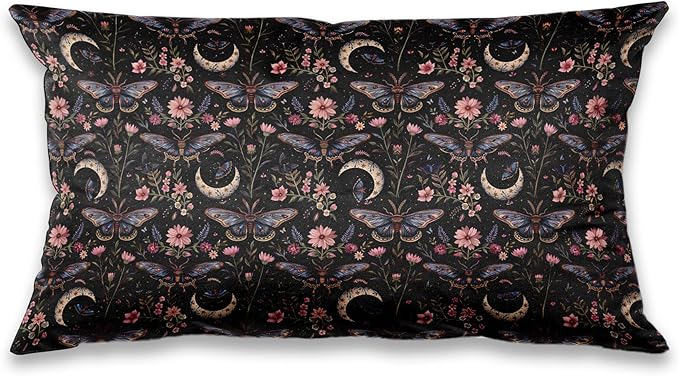Mystical Gothic Boho Moody Moth Moon Pillow Covers 12x20, Dark Academia Floral Butterfly Throw Pillowcases, Witchy Cottagecore Pillow Cover Decor for Bedroom Living Room Couch, Double-Sided