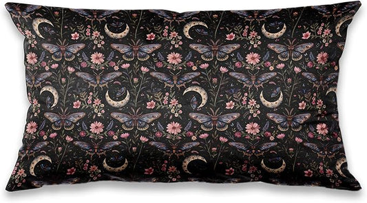 Mystical Gothic Boho Moody Moth Moon Pillow Covers 12x20, Dark Academia Floral Butterfly Throw Pillowcases, Witchy Cottagecore Pillow Cover Decor for Bedroom Living Room Couch, Double-Sided