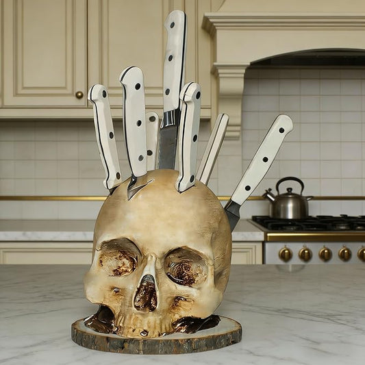 Life Size Skull Knife Holder & Horror Kitchen Storage, Hand Painted Resin Head with 6 Slots for Knives and Fruit, Scary Party Display and Countertop Decor