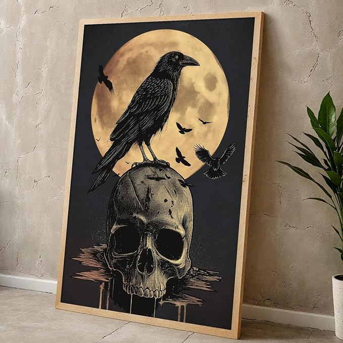 Black Crow Picture Gothic Crow Painting Dark Raven Wall Art Black Bird Artwork Gothic Animal Picture Vintage Crow Print Dark Academia Poster Moon Animal Wall Art Skeleton Skull Poster 16x24in No Frame