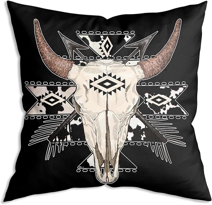 Boho Cow Aztec Western Bull Skull Throw Pillow Covers case 18x18,Boho Cow Aztec Western Decor(Black)