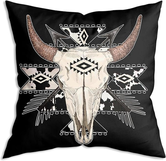 Boho Cow Aztec Western Bull Skull Throw Pillow Covers case 18x18,Boho Cow Aztec Western Decor(Black)