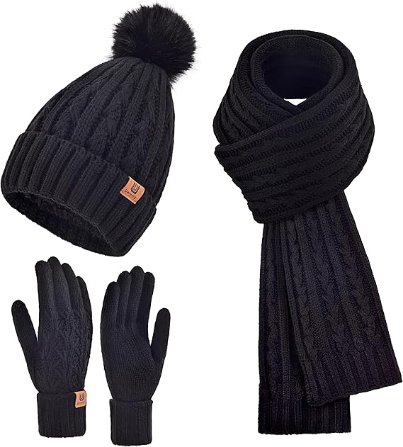 Womens Winter Warm Beanie Hat Long Scarf Touchscreen Gloves Set with Fleece Lined Skull Pom Caps 3 in 1 Set for Gift