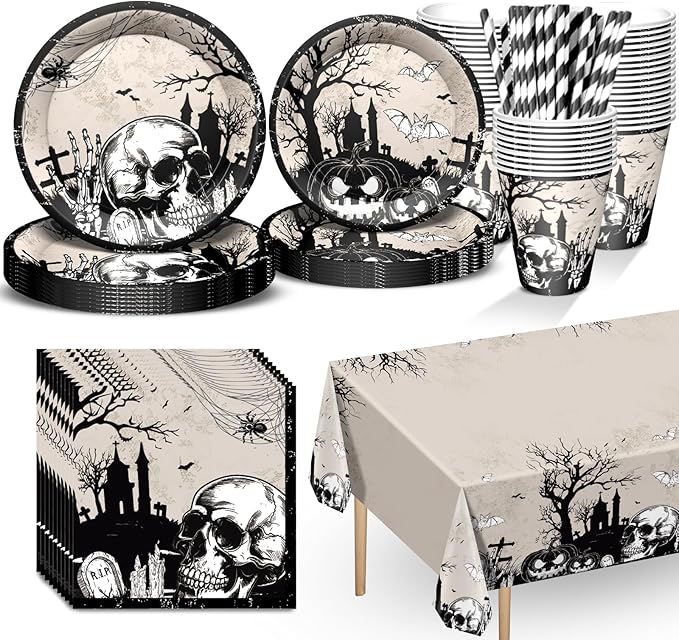 Scary Halloween Party Plates Supplies Skull Bats Plates and Napkins Tableware for Halloween Birthday Party Decoration