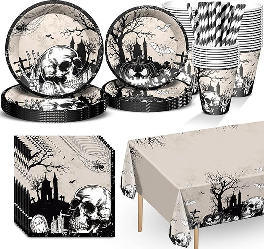 Scary Halloween Party Plates Supplies Skull Bats Plates and Napkins Tableware for Halloween Birthday Party Decoration