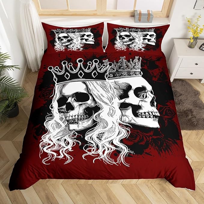 Manfei Gothic Skull Duvet Cover Set Queen Size, Skeleton Couple Bedding Set 3pcs for Kids Girls Adults, Red Graffiti Flower Comforter Cover Soft Polyester Quilt Cover with 2 Pillowcases,No Comforter