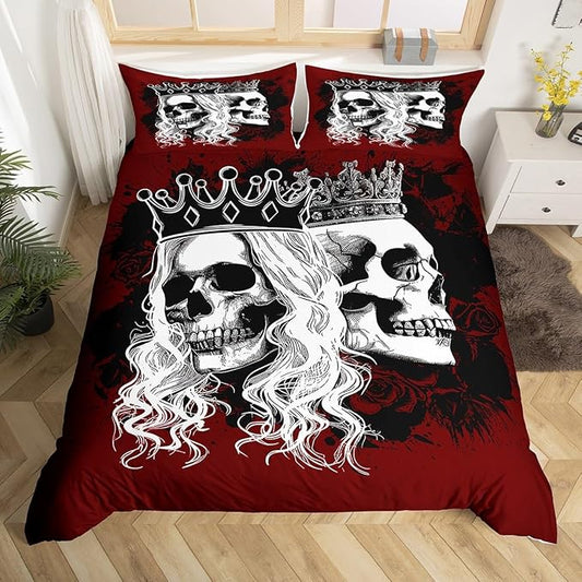 Manfei Gothic Skull Duvet Cover Set Queen Size, Skeleton Couple Bedding Set 3pcs for Kids Girls Adults, Red Graffiti Flower Comforter Cover Soft Polyester Quilt Cover with 2 Pillowcases,No Comforter