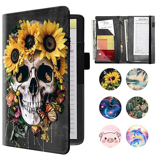 Server Books for Waitress, Waitress Book with Elastic Bandage Closure PU Leather Organizer with Zipper Money Pocket Fit Server Apron, Skull Sunflower