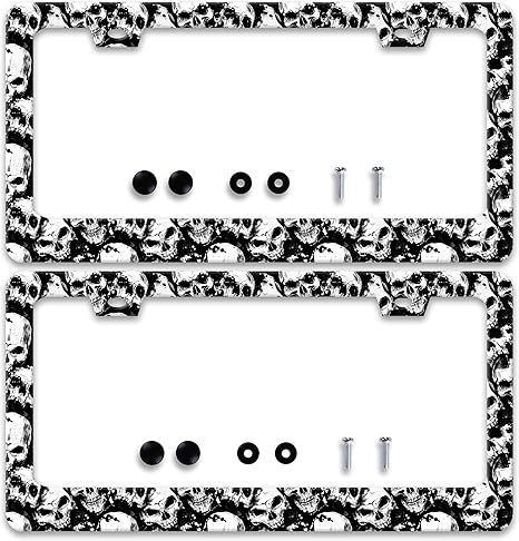 2 Pcs Skull License Plate Frame Skeleton License Plate Holder Personalise Stainless Steel Funny Design Compatible with Standard License Plate Frames for USA and Canada 6 X 12 Inch 2 Holes with Screws