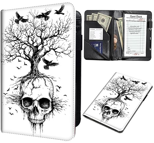 Server Book for Waitress,Leather Server Book with Zipper Pocket Restaurant Check Book Fit Server Apron Guest Check Book for Servers Waitress Notepad,Crow Skull