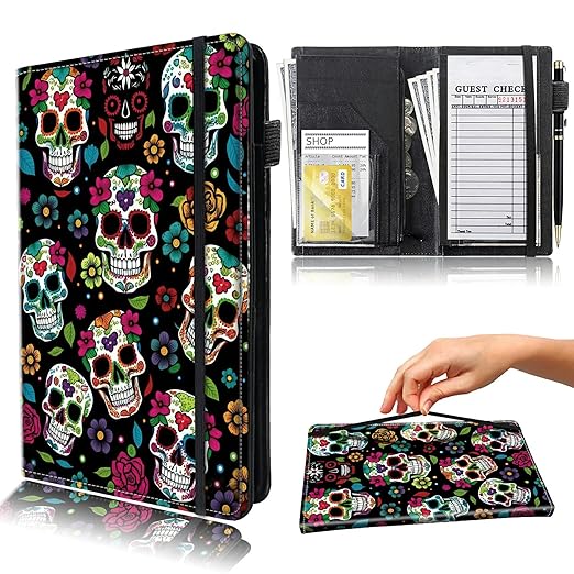 Rossy Server Books for Waitress & Waiter 9 x 5 Inch Wallet with Zipper Pocket Cool Skulls Design Booklet Cute Waitress Book Serving Book with 11 Money Pocket Fit Server Aprons