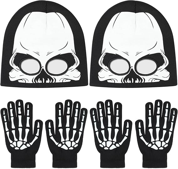 4 Pcs Halloween Skeleton Knit Beanie with Eyeholes Skeleton Gloves Sets Day of the Dead Skull Bone Mask Headdress Cap Dress up for Halloween Adults Costume Masquerade Party Cosplay