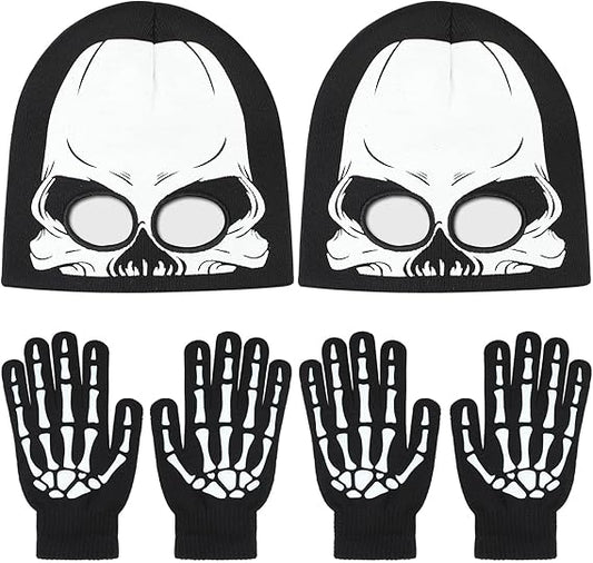 4 Pcs Halloween Skeleton Knit Beanie with Eyeholes Skeleton Gloves Sets Day of the Dead Skull Bone Mask Headdress Cap Dress up for Halloween Adults Costume Masquerade Party Cosplay