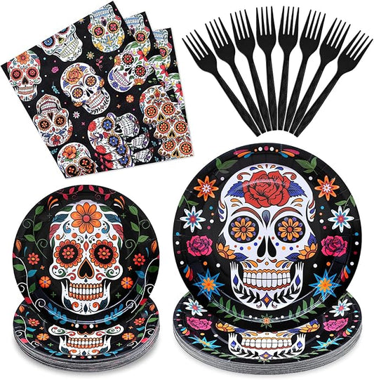 96 Pieces Day of the Dead Tableware Set - Mexican Sugar Skull Pattern Disposable Plates, Napkins, and Forks for Dia de los Muertos, Halloween, Fiesta, and Cultural Celebrations – Serves 24