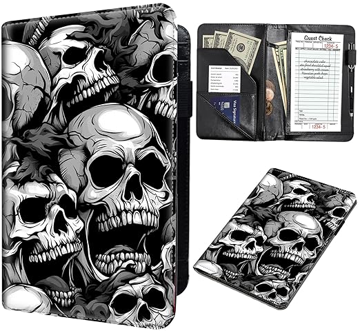 Server Book for Waitress,Leather Server Book with Zipper Pocket Restaurant Check Book Fit Server Apron Guest Check Book for Servers Waitress Notepad,Horror Skulls Expression