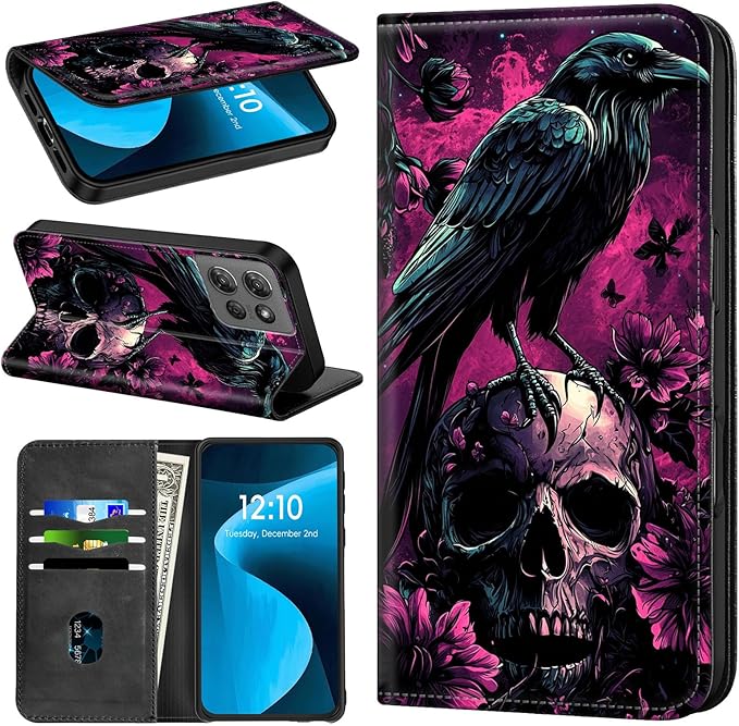 for Motorola Moto G 5G 2025 Wallet Case, RFID Blocking Magnetic PU Leather Flip Folio Card Holder Soft TPU Inner Cover Protective for Moto G 5G 2025, Crow Skull