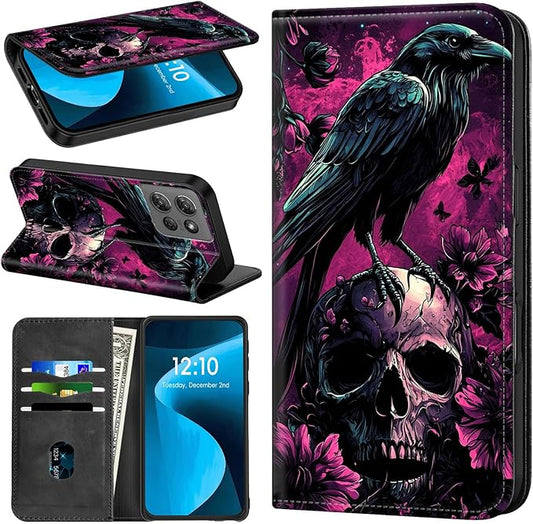 for Motorola Moto G 5G 2025 Wallet Case, RFID Blocking Magnetic PU Leather Flip Folio Card Holder Soft TPU Inner Cover Protective for Moto G 5G 2025, Crow Skull