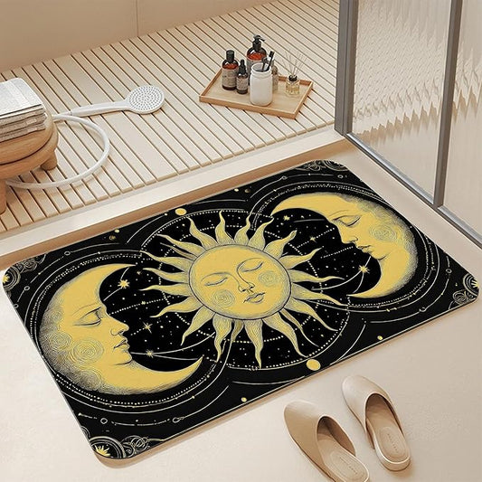 Bath Mats for Bathroom,Boho Sun Moon Bathroom Rugs,Celestial Diatomaceous Bath Rug Quick Dry, Non Slip Super Absorbent Low Profile Doormat for Home Kitchen Patio 17 X 29.5 Inch