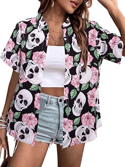 Women Halloween Hawaiian Shirt Skull Floral Ghosts Print Button Down Shirts Holiday Short Sleeve Tops