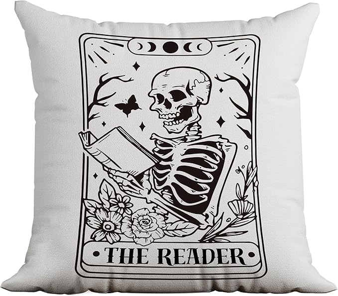 Gothic Pillow Covers 18x18,Skeleton Throw Pillow Cover,Tarot Decor Pillow Cover,Tarot Witchy Room Decor for Home Bedroom，The Reader Book Lover Gift,Halloween Pillow Covers