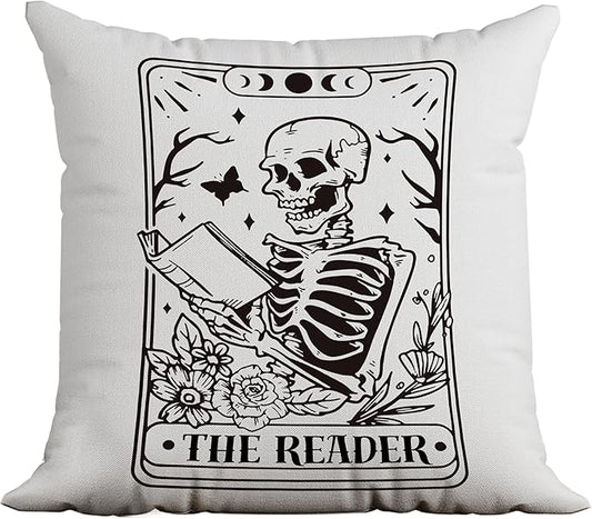 Gothic Pillow Covers 18x18,Skeleton Throw Pillow Cover,Tarot Decor Pillow Cover,Tarot Witchy Room Decor for Home Bedroom，The Reader Book Lover Gift,Halloween Pillow Covers