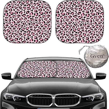 Gven Windshield Sun Shade 2pcs with Bonus Pink Car Sunshade for Front Window Shades 2025 Technology Reflect UV and Heat Sun Visor Automotive Accessories Interior Sun Protection (Pink Leopard, M)