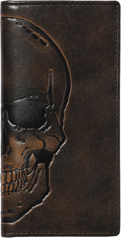 House of Jack Co. Skull Long Bifold Wallet for Men, Full Grain Cowhide Leather Biker Wallet, Black