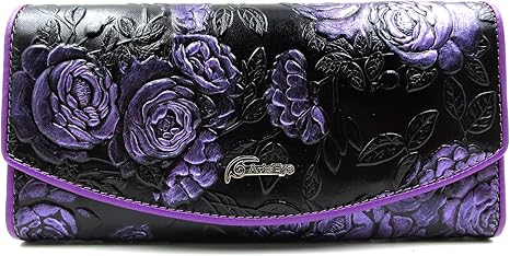 Roses Embossed Genuine Leather Trifold Wallet Purse (Purple)