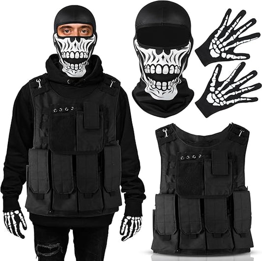 3 Pcs Halloween Costume Accessory, Includes Skull Face Mask, Tactical Vest-one Size, Skeleton Gloves Costume for Men Adults Halloween Cosplay Party