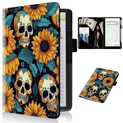 Server Book for Waitress - Leather Waiter Server Wallet Waitress Book&Waitstaff Organizer, Restaurant Guest Check Book Holder Money Pocket Presenter Fit Server Apron, Dead Skull Sunflowers