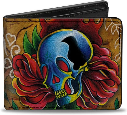 Buckle-Down Men's Standard PU Bifold Wallet-TJ-Candles & Skulls, Multicolor, 4.0" x 3.5"