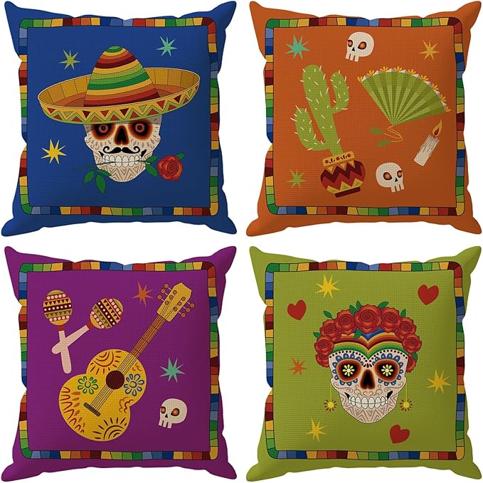 Dia De Los Muertos Pillow Covers Sugar Skull Mexican Style Music Guitar Flower Day of The Dead Throw Pillow Cases Set of 4 Decorations for Farmhouse Home Sofa Outdoor Holiday Decor 16x16 Inch