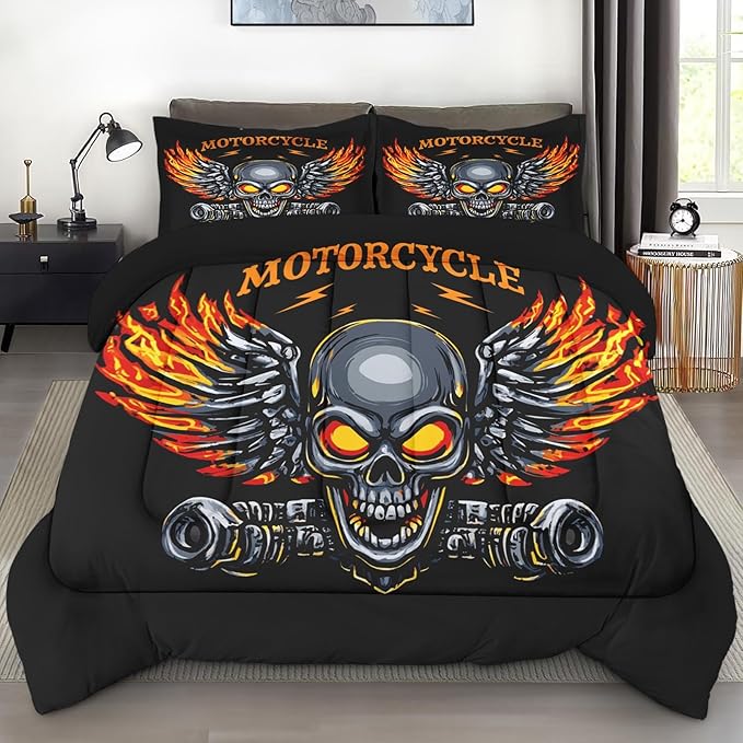 Comforter Set Queen Size, Skull Motorcycle Vintage Soft Bedding Set for Kids and Adults, Retro Bike Skeleton Comforter Set with Pillowcase, for Bedroom Bed Decor