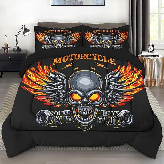Comforter Set Queen Size, Skull Motorcycle Vintage Soft Bedding Set for Kids and Adults, Retro Bike Skeleton Comforter Set with Pillowcase, for Bedroom Bed Decor