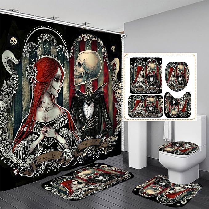 Jack Skellington Shower Curtain Set, Skull Shower Curtain Set with Memory Foam Rugs, Non-Slip Bathroom Rugs Bath Mats Toilet Rug, Waterproof Shower Curtain,70.8x70.8in Skull 8