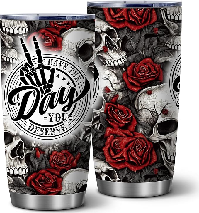 Skull and Rose 20oz Stainless Steel Tumbler with Lid, Halloween Gothic Finger Skeleton Hand Cup, Double Wall Insulated Travel Coffee Mug, Funny Dark Gift for Men and Women