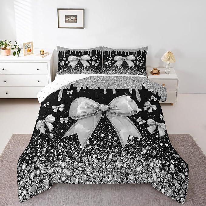 Erosebridal Bow Bedding Set Black Bow Comforter Set Twin for Kids Boys Girls,Cute Diamond Sequins Bow Tie Comforter for Adults,Watercolor Black Silver Gray Bowknot Quilt Duvet 2 Pcs
