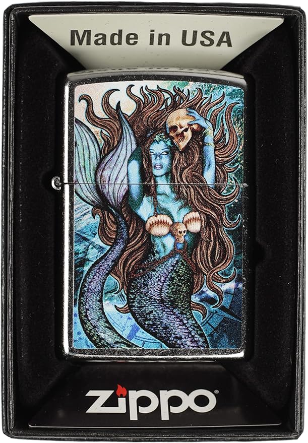 Beautiful Siren Mermaid with Skulls - Street Chrome Custom Zippo Lighter