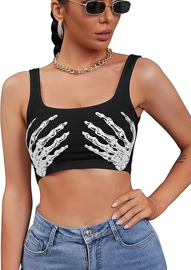 Women's Sexy Skeleton Skull Hand Print Sleeveless Funny Halloween Crop Tank Top Shirts