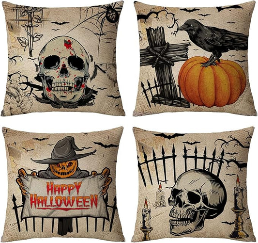 Halloween Pillow Covers 18x18 Set of 4 Vintage Scary Halloween Decorative Throw Pillows Cover Skull Pumpkin Owl Crow Pillow Cases Home Outdoor Sofa Couch Cushion Covers for Halloween Decor (18 by 18)