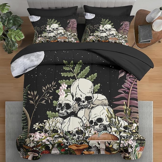 Comforter Set Full Size, Mushroom Plant 7 Pcs Bedding for Kids and Adults, Skeleton Spooky Retro Bed Sheet Sets with Fitted Sheet 2 Pillowcases & 2 Shams for Bedroom Bed Decor