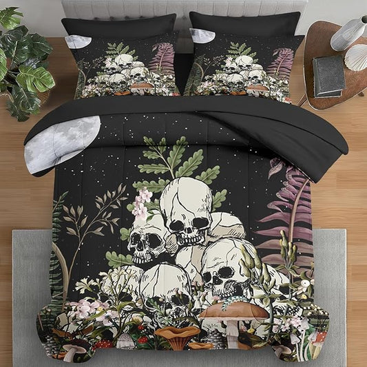 Comforter Set Full Size, Mushroom Plant 7 Pcs Bedding for Kids and Adults, Skeleton Spooky Retro Bed Sheet Sets with Fitted Sheet 2 Pillowcases & 2 Shams for Bedroom Bed Decor