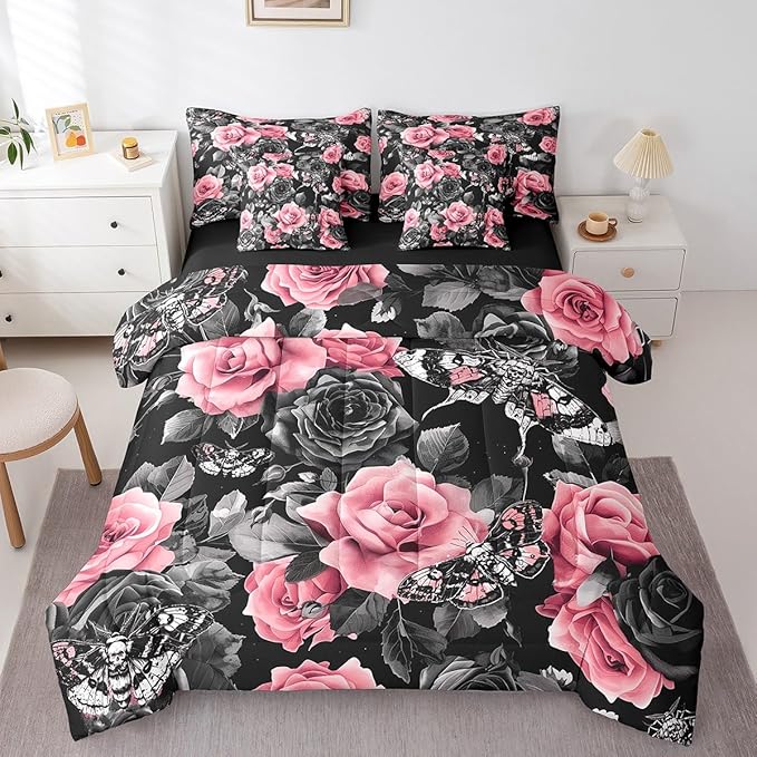 jejeloiu Rose Flower Comforter Set with Sheets Queen Size 7 Pieces Kids Gothic Skull Bedding Set for Boys Girls Death Moth Skeleton Bones Black and Pink Bed in a Bag Room Decor