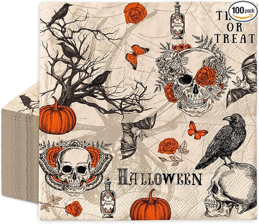 100 Pcs Halloween Paper Napkin Retro Gothic Crow Skull Pumpkin Disposable Luncheon Napkins Vintage Decorative Dinner Napkin for Home Party Table Decor
