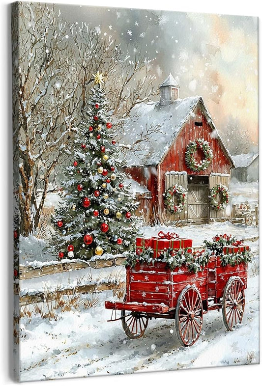 Qabliqo Winter Countryside View Christmas Framed Wall Art, Farmhouse Christmas Wall Decor, Holiday Winter Barn Village Canvas Poster Prints Pictures for Home Bedroom Living Room Party, 11x14 Inches